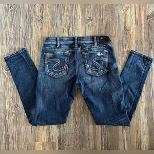 Silver Aiko Mid-Rise Skinny Jeans Women 30x31 Distressed Stretch Dark Blue Denim